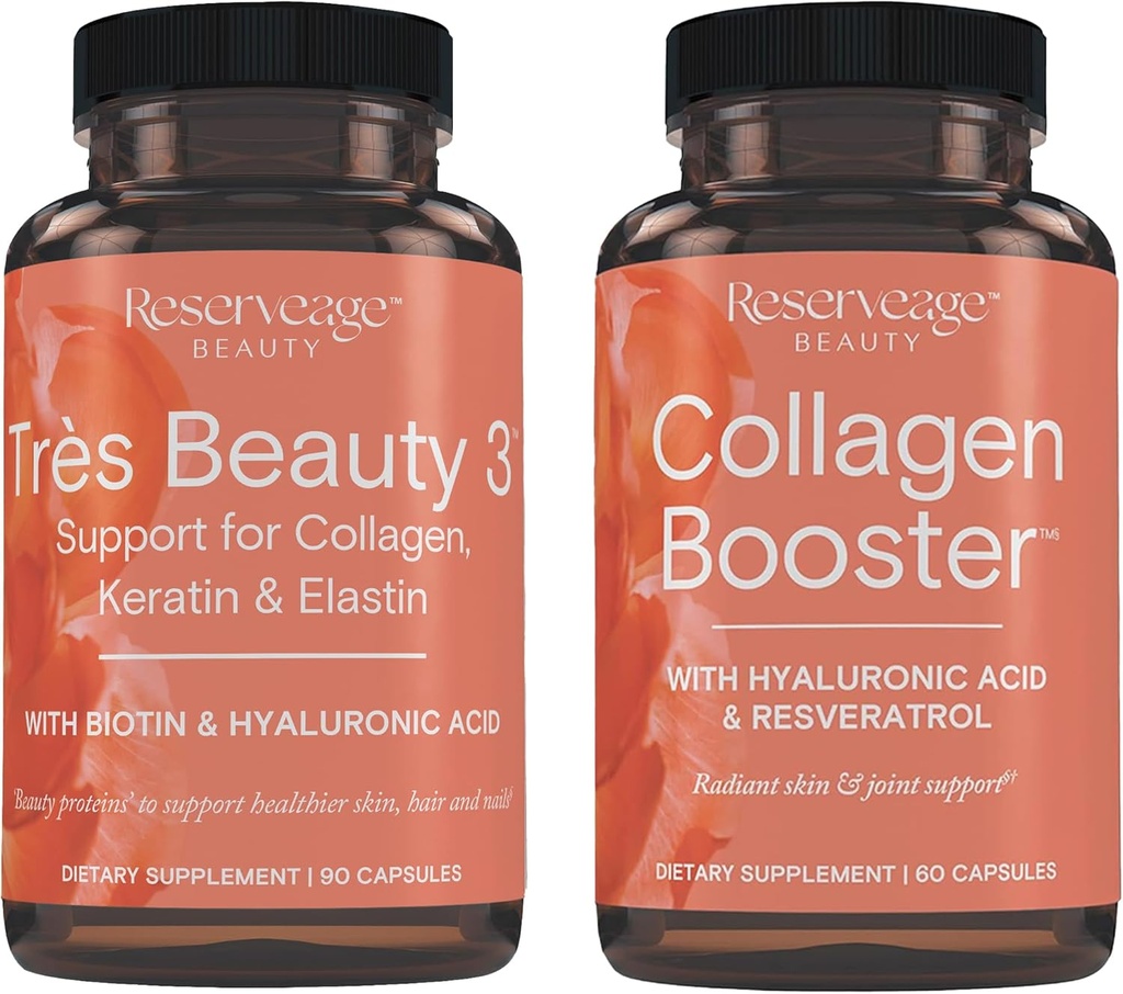 Reserveage Skønhed, Tres Skønhed 3, Skønhed supplement til hårvækst, hudpleje og neglepleje 90Caps & Collagen Booster, Collagen supplement til hudpleje og fælles sundhed, Understøtter Healt 60Caps