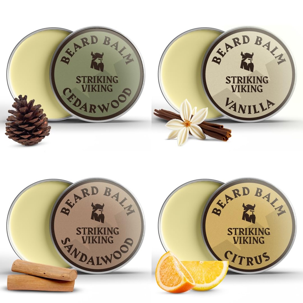 Beard Balm til mænd - Efterlad i skæg Conditioner - Styling Balm Lavet med naturligt afledte skæg Smør, Argan & Jojoba Oliils (1 Ounce (pakke af 4), Citrus, Vanilla, Sandalwood, & Cedarwood)