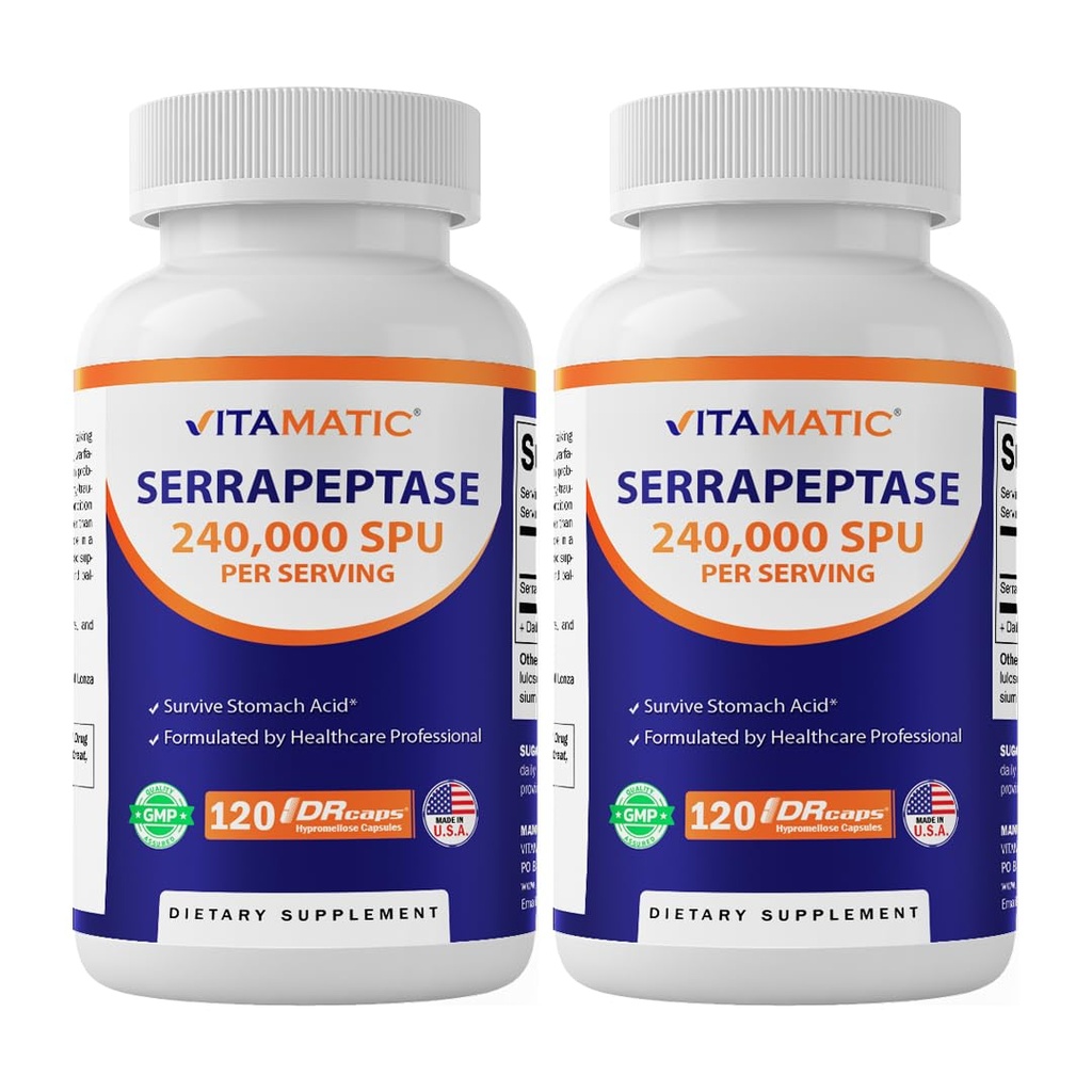 Vitamatic Serrapeptase 240,000 SPU Servings, 120 Delayed Released Capsules - Enteric Coated - Non-GMO- Made in the USA (Pack of 2)