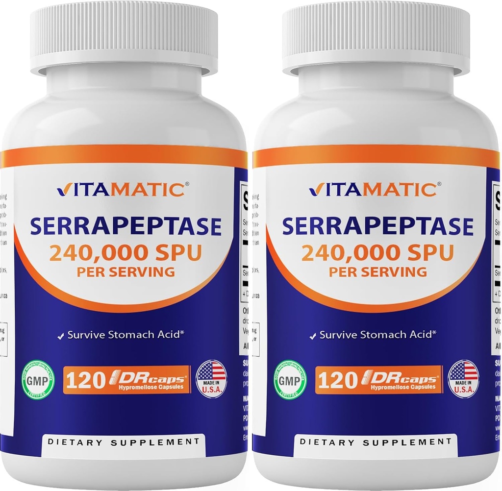 Vitamatisk serrapeptase 240.000 SPU Serveringer, 120 forsinkede udløste kapsler - Enteric coated - Non- GMO- Made in The USA (120 Greve (pakke med 2))