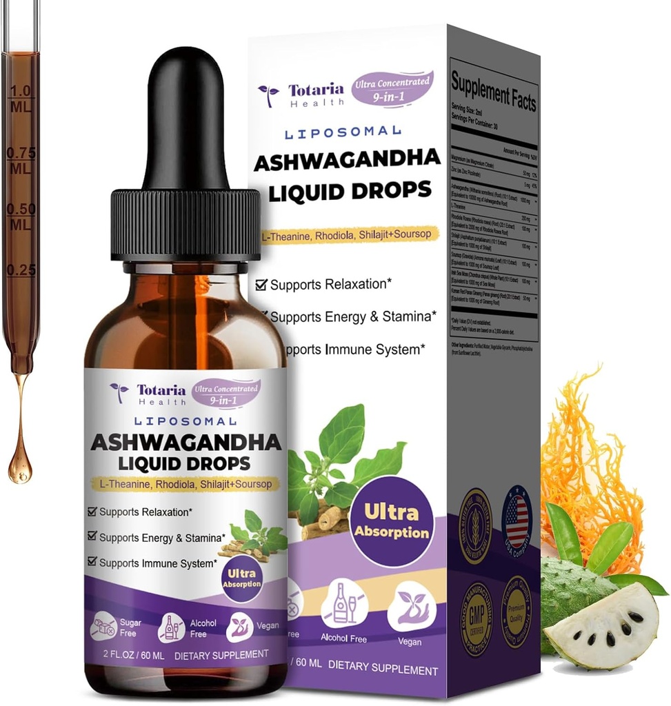 Totaria Liposomal Ashwagandha Flydende dråber, Ultra Styrke Ashwa Root Extract Supplement med Shilajit, Ginseng, Magnesium, Soursop, L-Theanin, 60ml