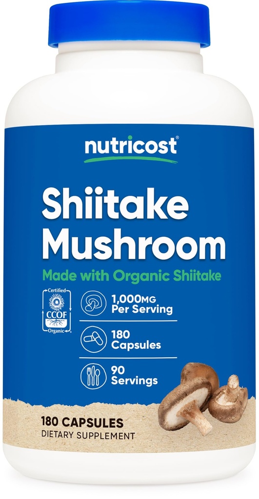 Nutricost Organic Shiitake Mushroom Capsules 1000mg, 90 Servering - CCOF Certified Made with Organic, Vegetar, Gluten Free, 500mg Per Capsule, 180 Kapsler