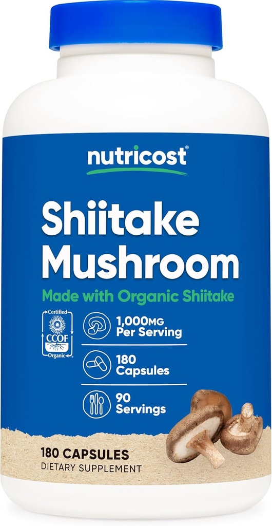 Nutricost Organic Shiitake Mushroom Capsules 1000mg, 90 Servering - CCOF Certified Made with Organic, Vegetar, Gluten Free, 500mg Per Capsule, 180 Kapsler