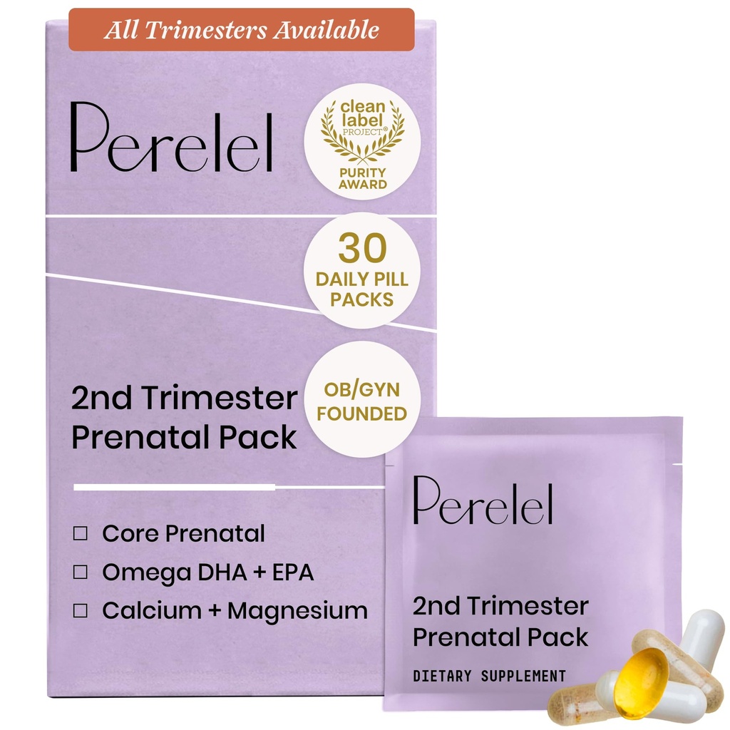 Perrelel 2. Trimester Prenatal Pack, Multivitamin med Magnesium, Omega 3, Jern & Calcium, Nutritional Support for Second Trimester Wellness, Soy & Gluten Free, Non GMO, 30 Daily Pill Packs