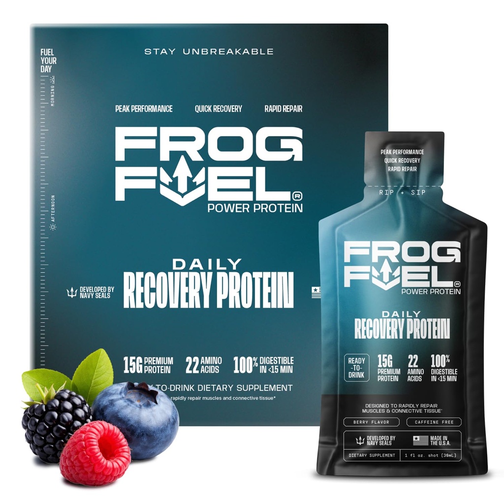 Frog Fuel Power Regular Protein Shot, 15g Protein Nano- Hydrolyzed Grass Fed Collagen, Post Workout, Gluten Free, Fat & Sugar Free, 22 Aminosyrer, 0 Carbs, Berry, 1 oz Packets, 24 Pack