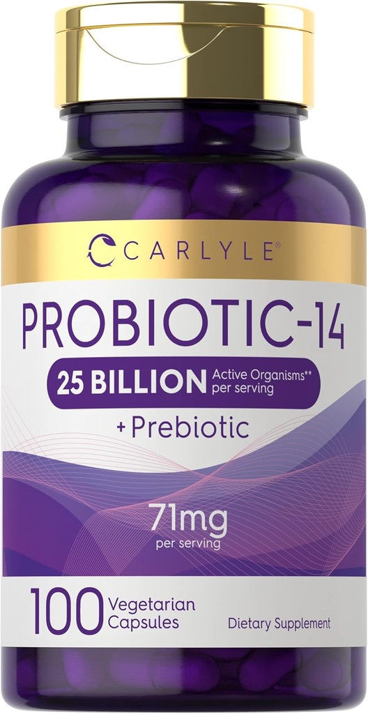 Carlyle Probiotika til mænd og kvinder; 25 Millioner CFU- 124; med Prebiotics - 124; 100 Kapsler - 124; Vegetar, Non- GMO, & Gluten Free Supplement