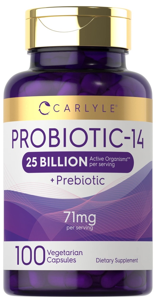 Carlyle Probiotika til mænd og kvinder; 25 Millioner CFU- 124; med Prebiotics - 124; 100 Kapsler - 124; Vegetar, Non- GMO, & Gluten Free Supplement