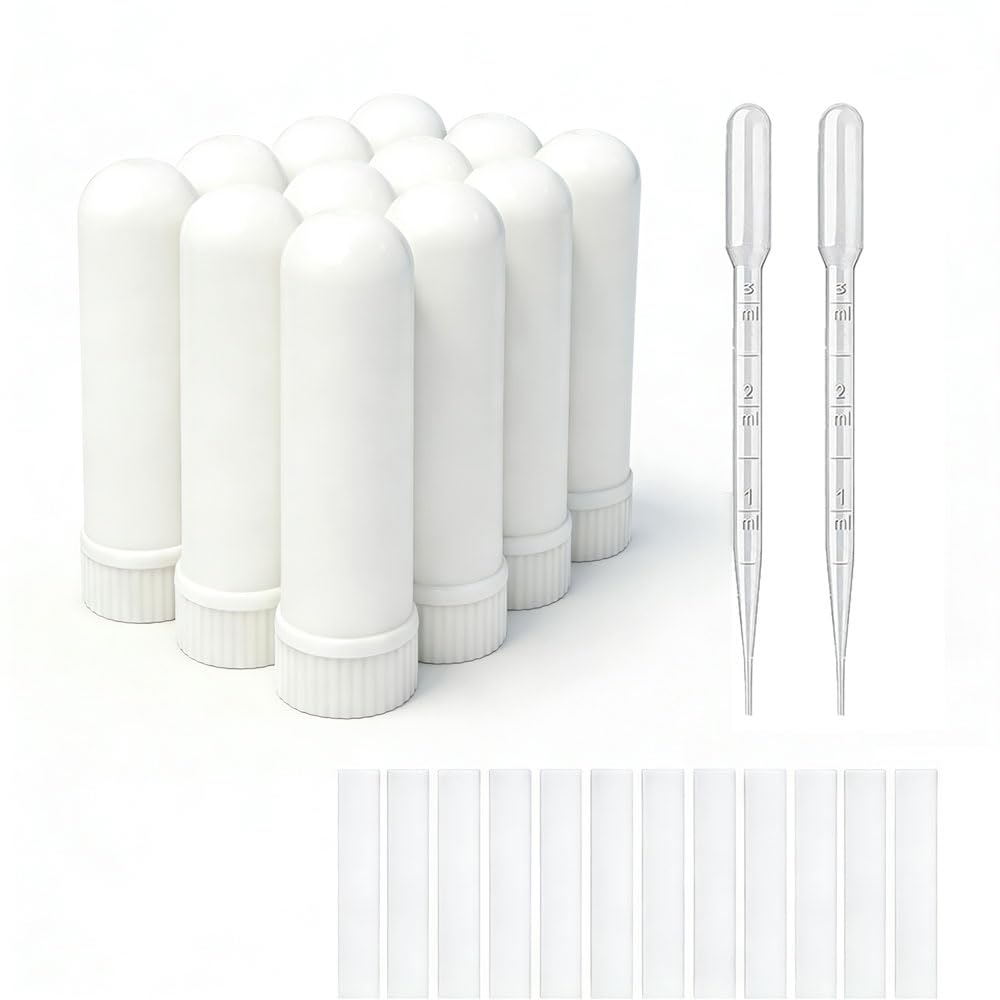 12 sæt Essential Oil Aromaterapi Tubes Inhaler Sticks Blank Nasal Inhalers (12 Complete Sticks) + 2 Polyethylen Pipette Droppers
