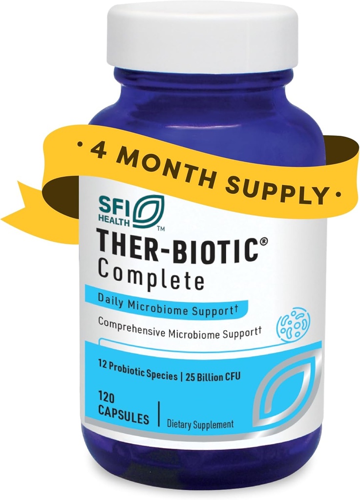SFI Health Klaire Labs Ther- Biotic Complete - Hypoallergen Probiotika for kvinder & mænd - Acid- Stable Probiotic Supplement - 12 Arter for immun- og fordøjelsessygdomme - 25 milliarder CFU (120 kapsler)