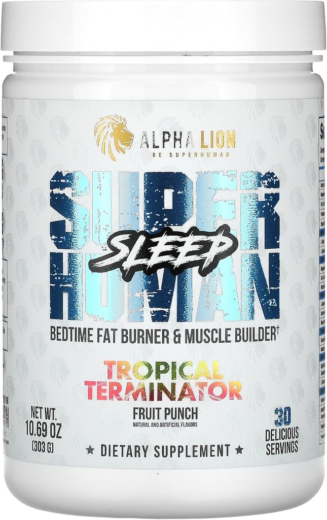 LEONA LION Superhuman Sleep Supplement, Nat Time Aid, Muscle Recovery, Muscle Builder & Gainer, Forbedrer kropssammensætning (30 Servere, Frugt Punch Flavor)