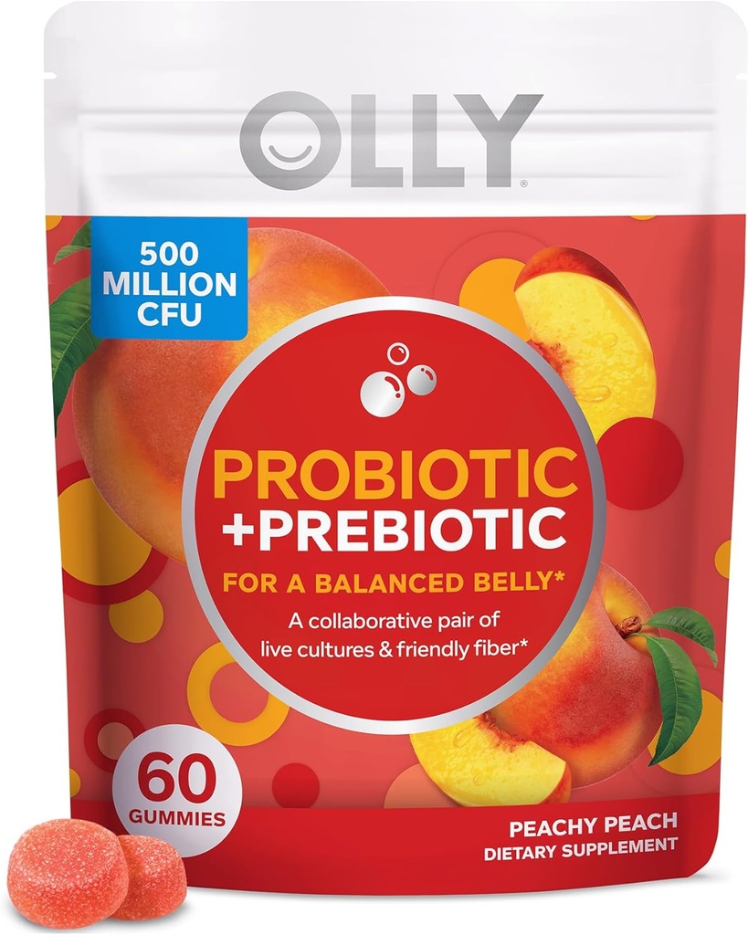 OLLY Probiotic + Prebiotic Gummy, fordøjelsesstøtte og tandtråd sundhed, 500 Millioner CFU 'er, Fiber, Voksen Chewable Supplement, Peach, Case Pack