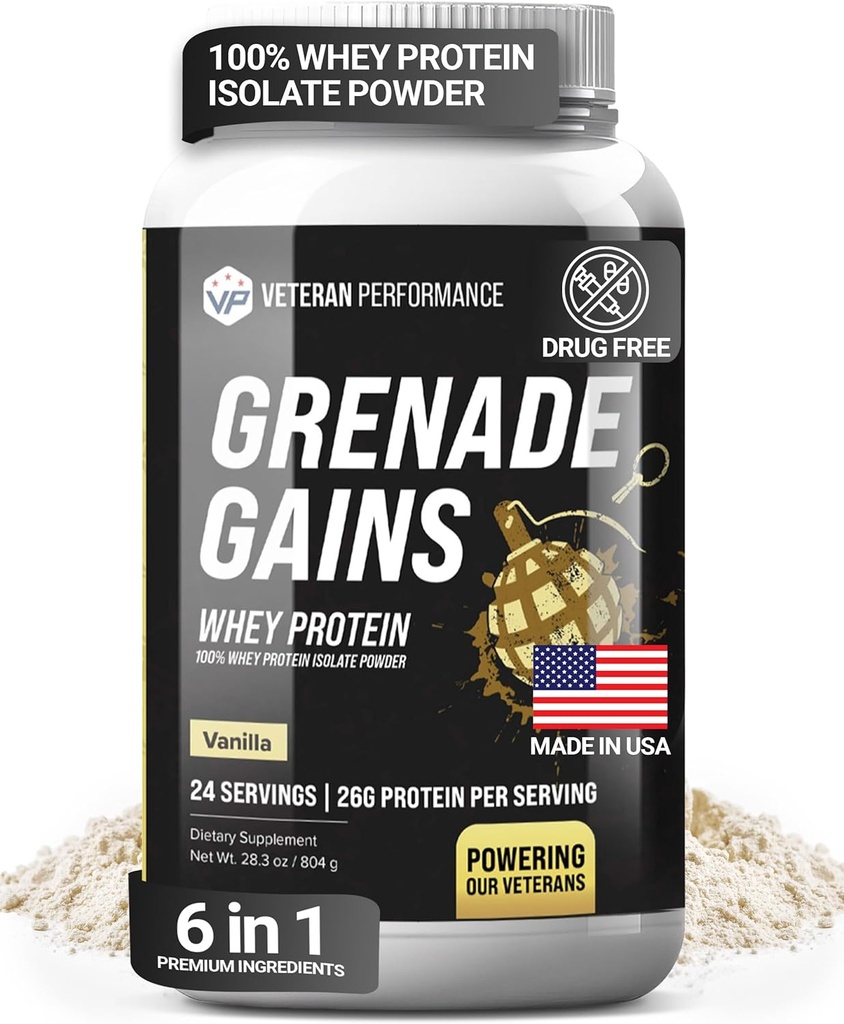Grenade Gains Whey Isolere pulver med Creatin, L- Carnitin & Beta- Alanine - Third-Party Testet, Gluten- Free, Ingen kunstige sødestoffer - USA Made, Vanilla, 24 Serveringer