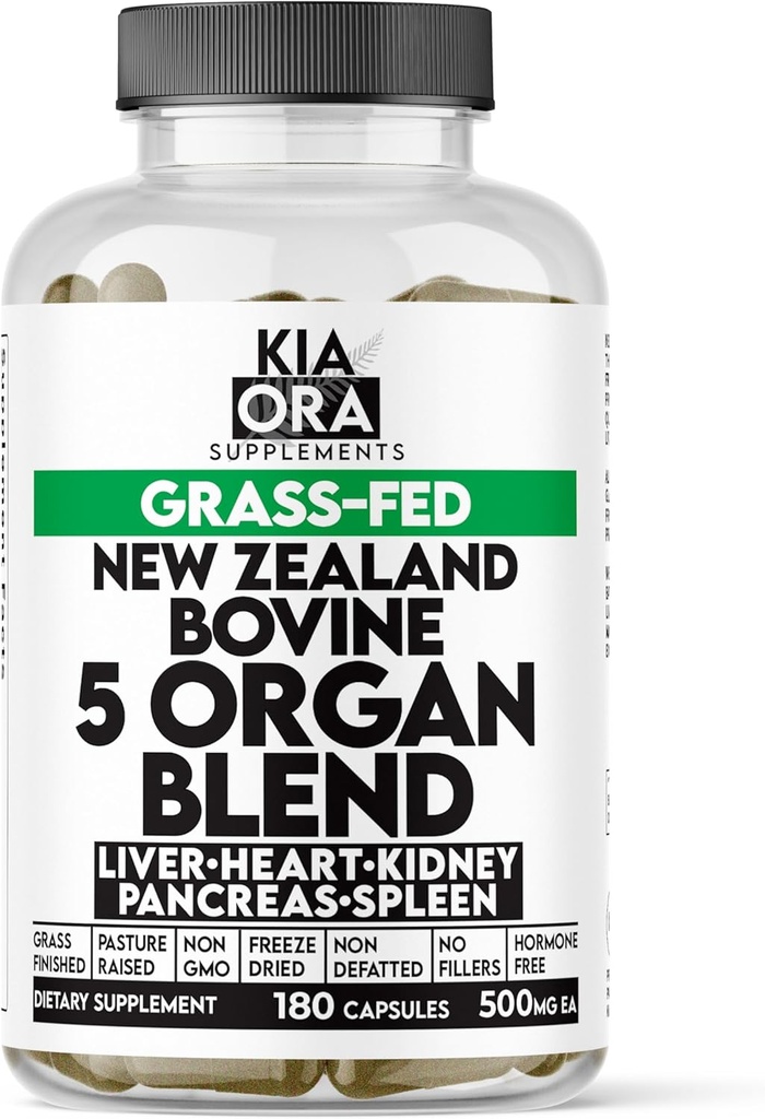 Græs Fed Bovine 5 orgel Complex - lever, hjerte, Nyre, milt & pancreas - Freeze- Tørret Glandulært supplement til energi, Detox & immunforsvar - 180 kapsler
