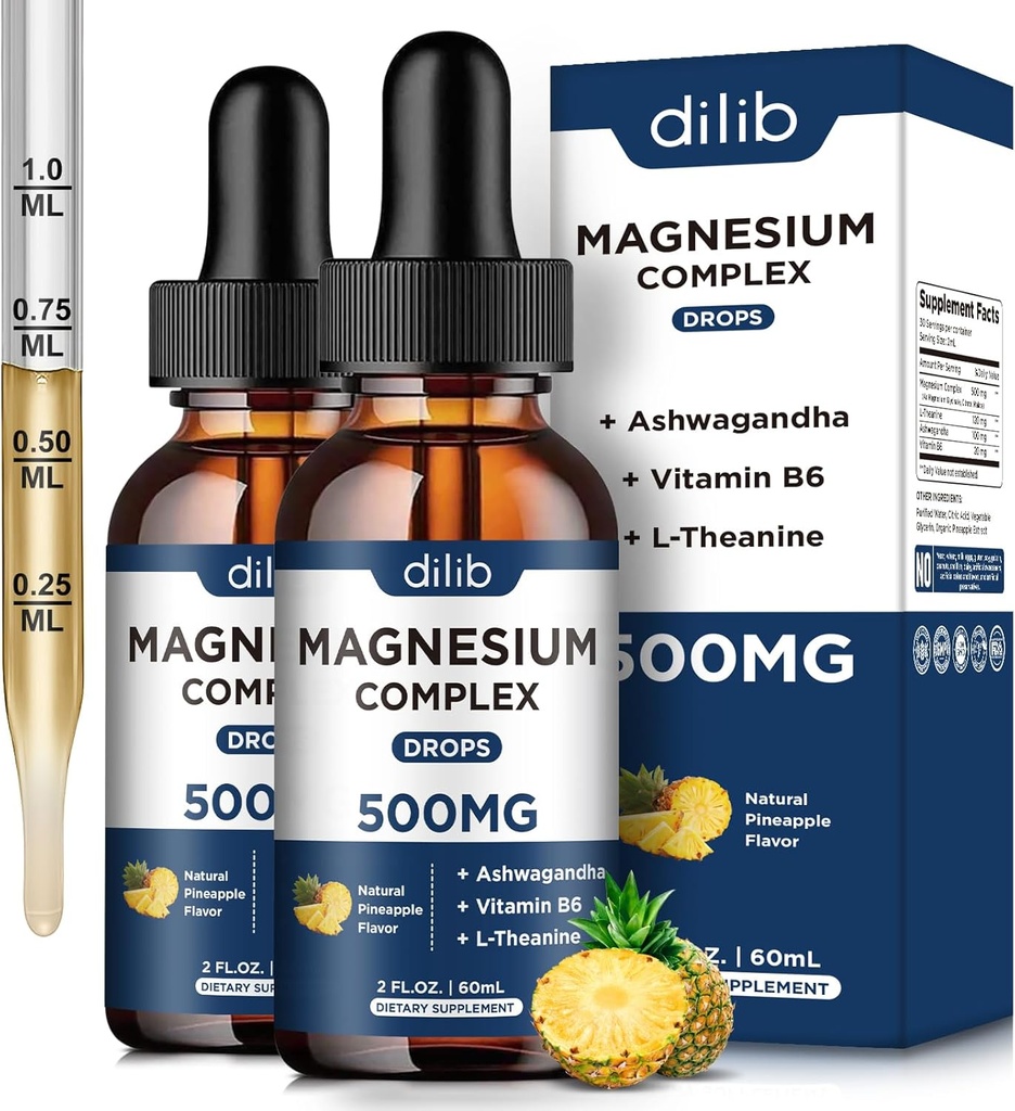 Magnesium Glycinate Liquid Drops 500mg - Triple Magnesium Complex supplement med citrat, Malat, Ashwagandha, L- Theanin, B6-vitamin til søvn, Stress Relief, Muskel, Ananas Flavor 4 Fl Oz