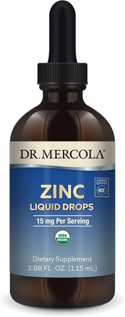 Dr. Mercola Zink Liquid Drops - Understøtter immun- og organsundhed - 15 mg Organic Zink Liquid Drops - USDA Organic - NSF Certified - Non- GMO, Gluten- Free & Soy- Free - 3.88 fl oz (28 Servere)