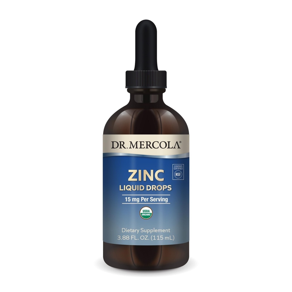 Dr. Mercola Zink Liquid Drops - Understøtter immunforsvar & organsundhed - 15 mg Organic Zink Liquid Drops - USDA Organic - NSF Certified - Non- GMO, Gluten- Free & Soy- Free - 3.88 fl oz (28 Servere)