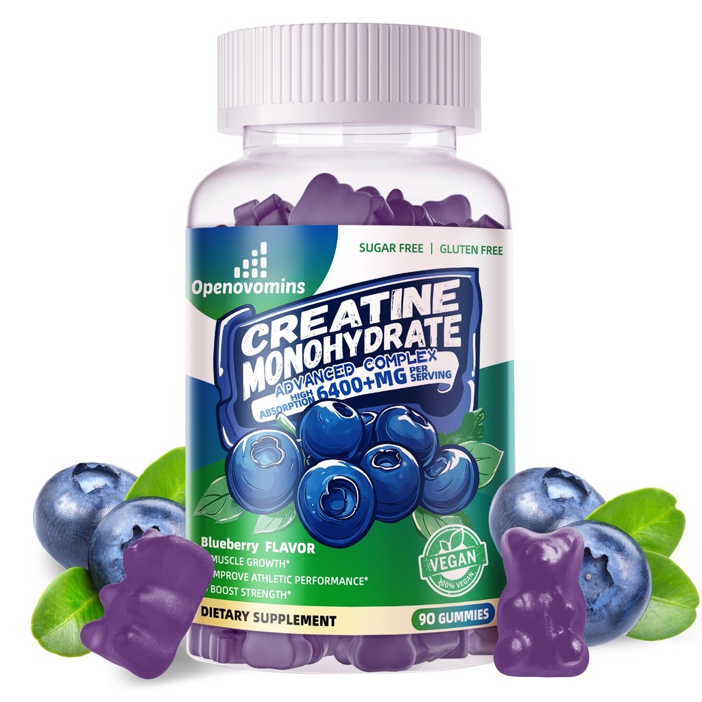 Creatin monohydrat Gummies Kompleks for mænd og kvinder -Advanced Formel W / L- Taurine + vitamin B12, Sukker Free Chewable Supplement, 90 Blueberry Gummies