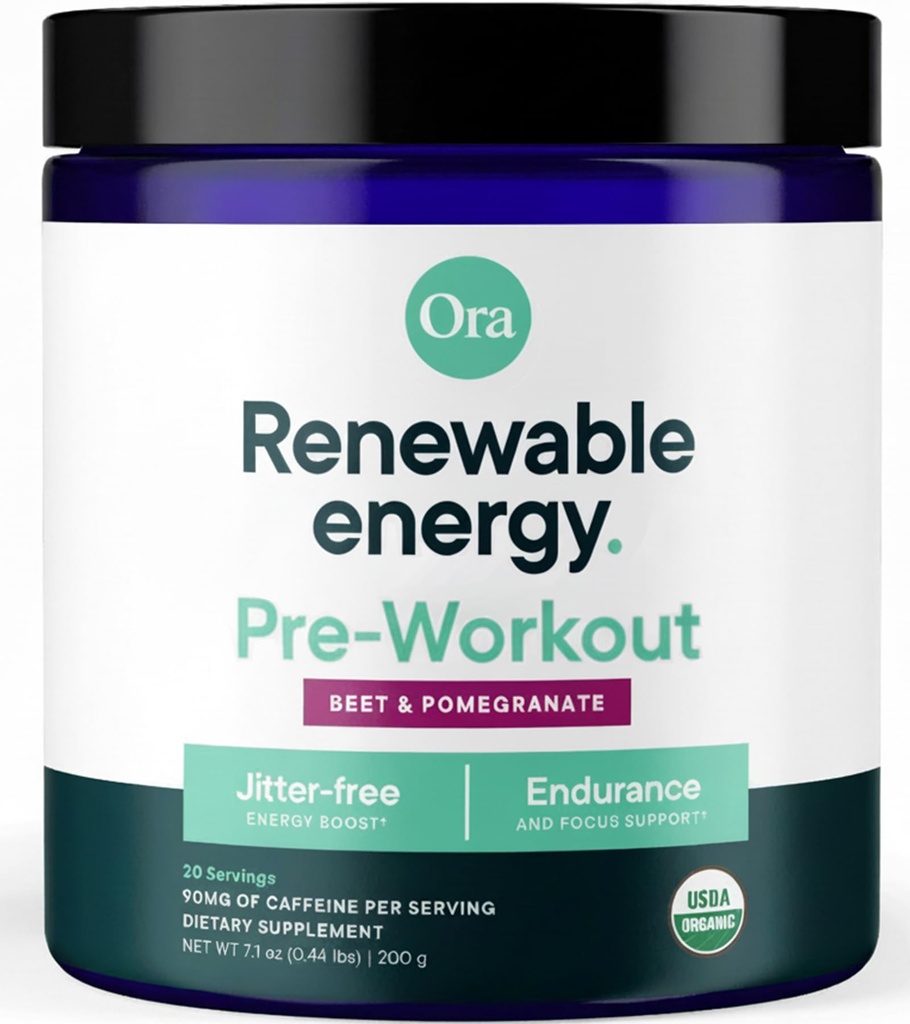 Ora Organic Pre Workout Pulver til mænd og kvinder Berry Beet Flavor- Vegan Certified Organic, Soy- Free, Dairy- Free, Gluten- Free- Provides Jitter- Free Energy Boost til kvinder & mænd, 20 Servering