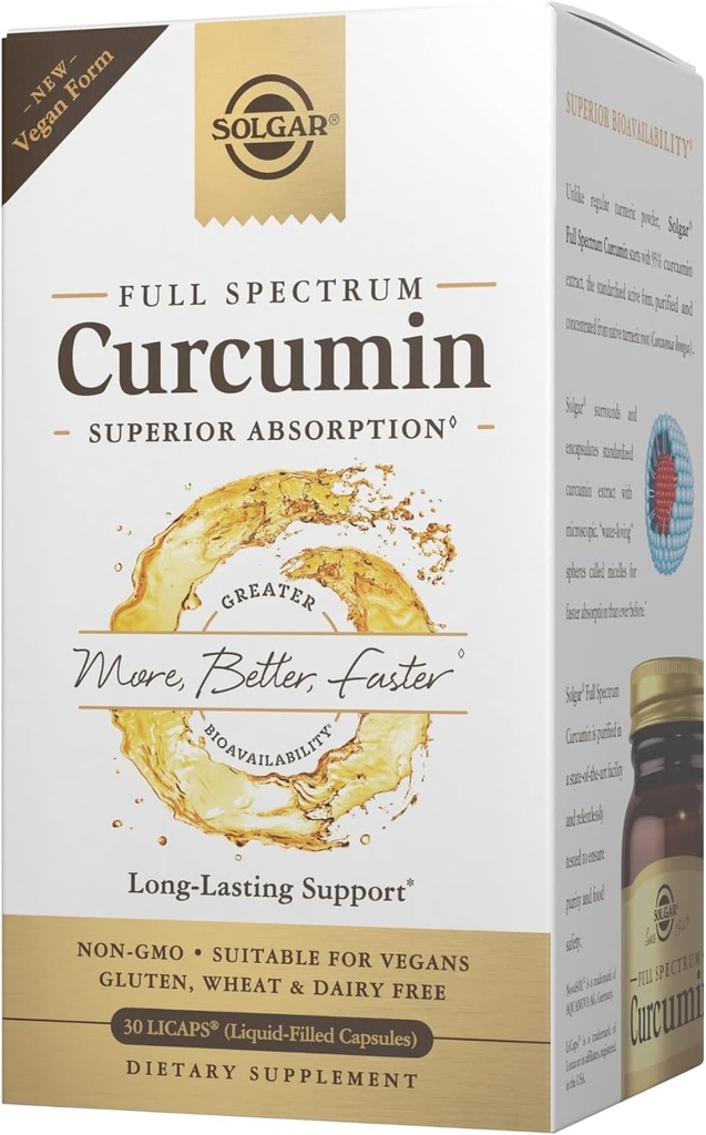 Solgar Full Spectrum Curcumin Liquid Extract Softgels - 30 Greve - Hurtigere Absorption - Brain, Fælles & immunforsvar - Non- GMO, Gluten- Free, Dairy- Free, Soy- Free - 30 Serveringer