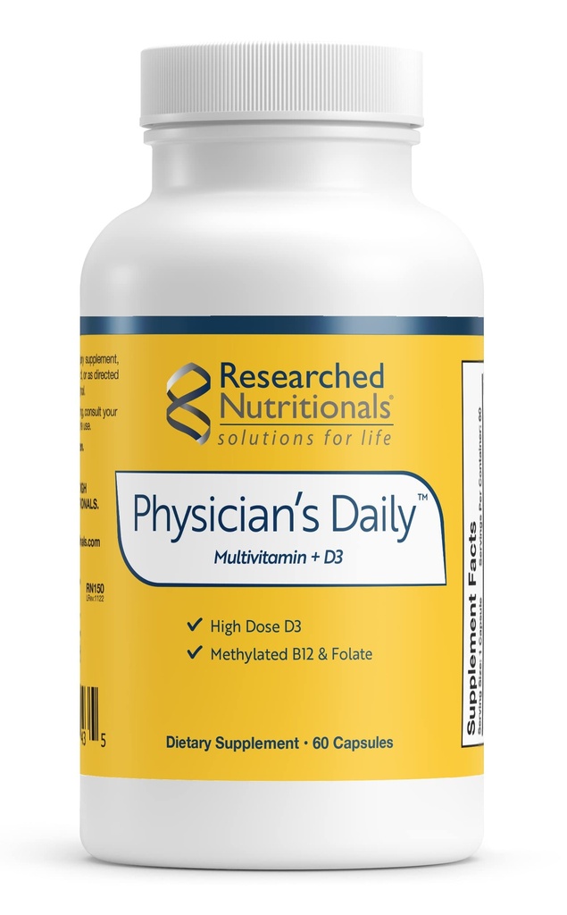 Forsøget ernæring Lægens daglige + D3 supplement - Dagligt multivitamin til mænd og kvinder med vitamin D3 2000iu, Vitamin B12, Vitamin B6 + Methyleret folat (60 kapsler)