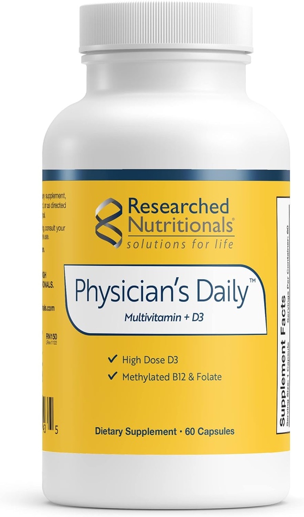 Forsøget ernæring Lægens daglige + D3 supplement - Dagligt multivitamin til mænd og kvinder med vitamin D3 2000iu, Vitamin B12, Vitamin B6 + Methyleret folat (60 kapsler)