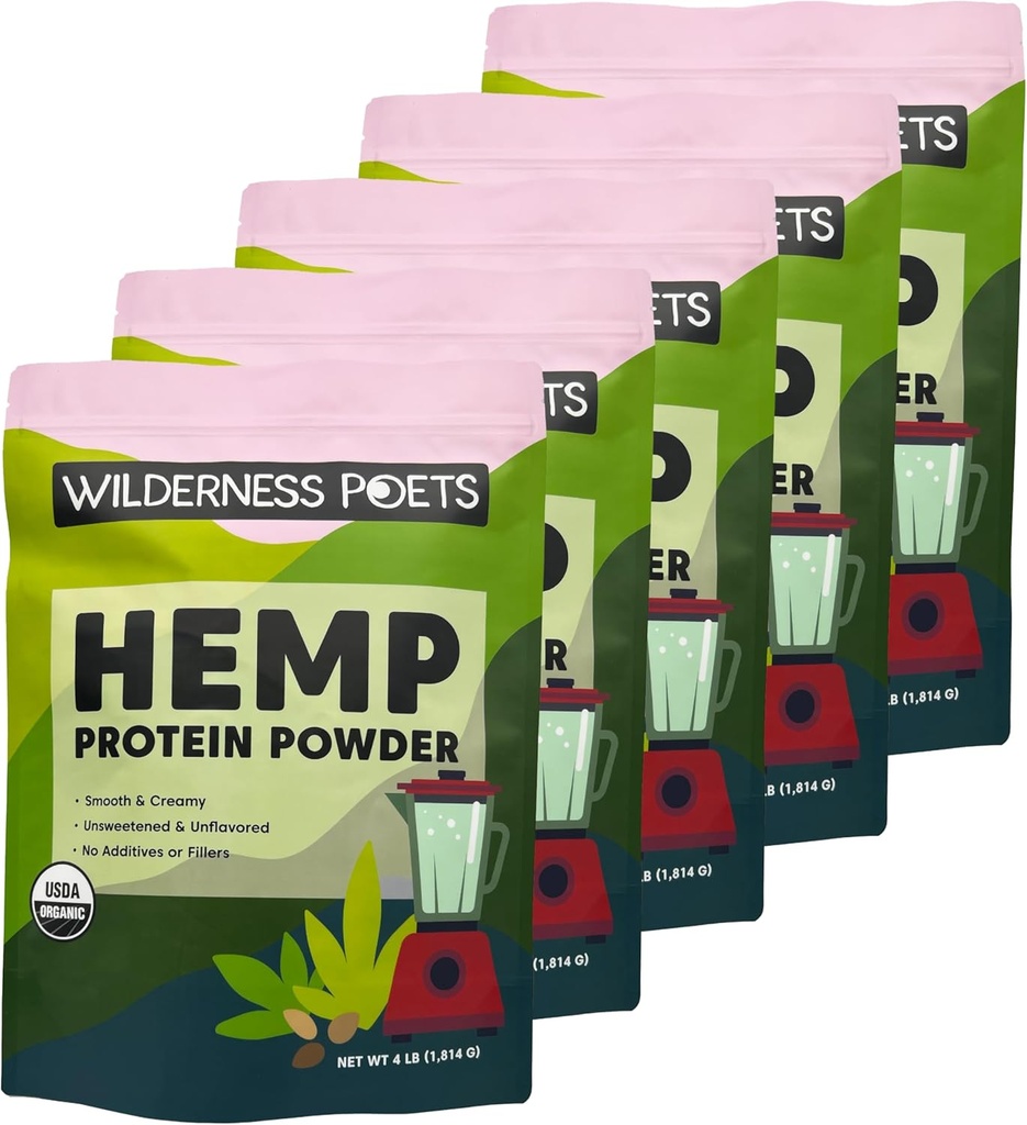 Wilderness Poets, Organic Hamp Protein Powder - Vegan, Cold- Pressed, Plant Based Protein - 4 Pund (pakke med 5)