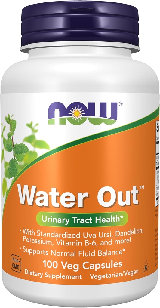 Now Foods Supplements, Water Out with Standardized Uva Ursi, Mælkebøtte, Kalium og vitamin B-6, 100 Veg kapsler