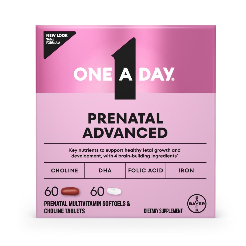 One A Day Prenatal Advanced- Prenatal Vitaminer med folinsyre, Cholin, DHA & Jern, Graviditet Vitaminer for kvinder til støtte Baby udvikling, 60 + 60 Ct (120 Total Set) (Packaging May Vary)