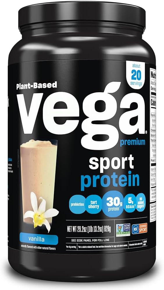 Vega Premium Sport Protein Vanilla Protein Powder, Vegan, Non GMO, Gluten Free Plant Protein Powder Drink Mix, NSF Certified for Sport, 29.2 oz