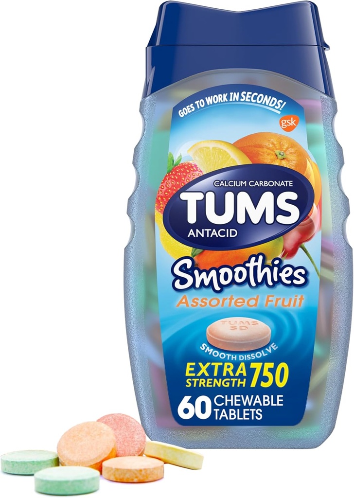 TUMS Smoothies Extra Strength Antacida Chewable Tablets for Heartburn Relief, Assorted Fruit - 60 Greve (pakke med 1)