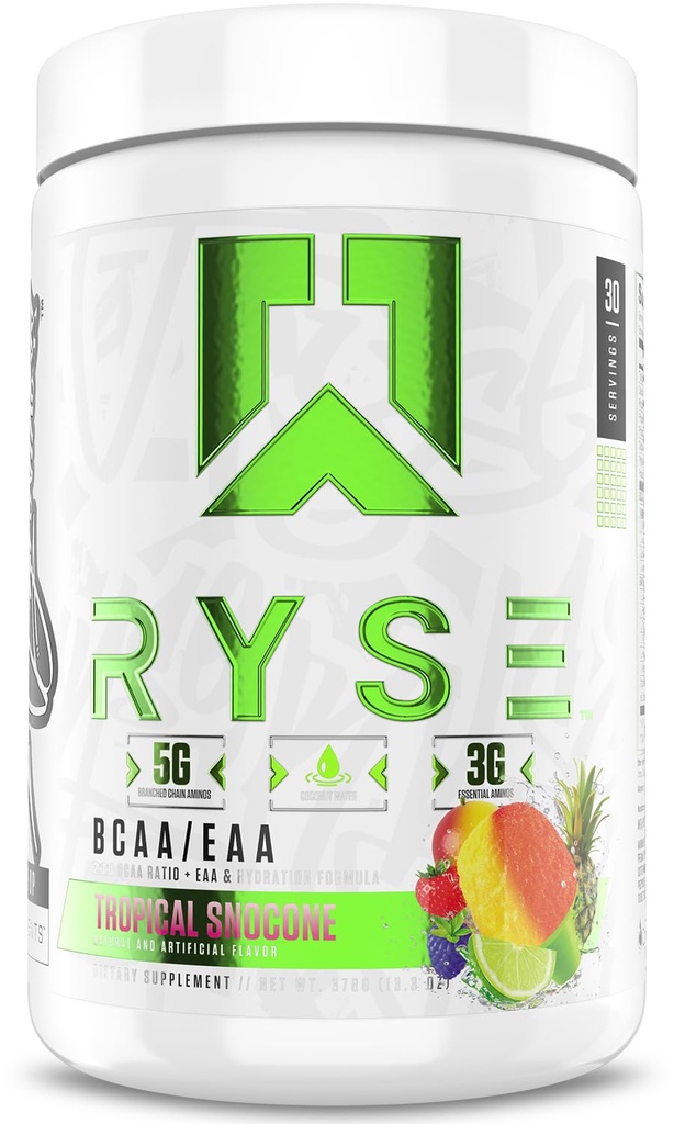 RYSE BCAA EAA Powder - Tropical Snocone - 5g forgrenet kæde Aminosyrer, 3g Essential Aminos, Sugar- Free Electrolytes for Pre & Post Workout Muscle Recovery, Hydration og Styrke - 30 Servering