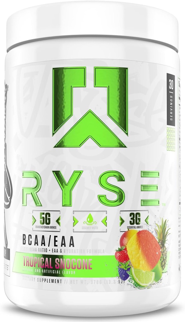 RYSE BCAA EAA Powder - Tropical Snocone - 5g forgrenet kæde Aminosyrer, 3g essentielle Aminos, sukkerfri elektrolytter til Pre & Post Workout Muscle Inddrivelse, hydrering og styrke - 30 Servering