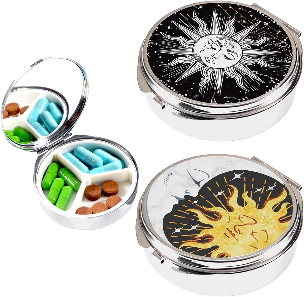 2 stk Pill Box, 3 Segment Lille Pill Case til Pocket & Purse, Cute Travel Metal Pill Organizer, Bærbar Pill Container og Medicin Vitamin Organizer