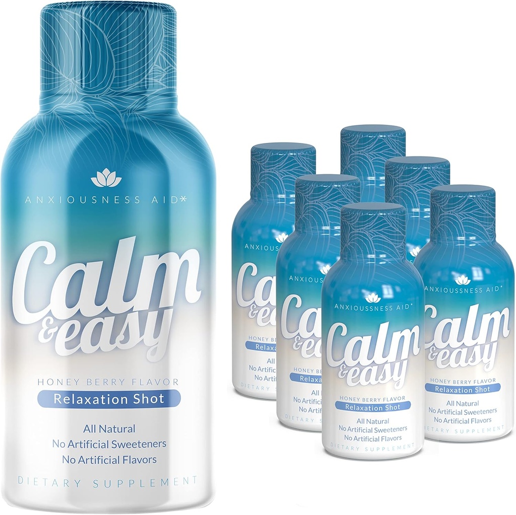 Rolig & let - Natural Stress Relief Shot, KSM- 66 Ashwagandha, Suntheanine L Theanine, Calming Adaptogen Drink, Afslapning, Fokus, og Mood Buddy 124; 2 oz flydende flaske (6 Pack)