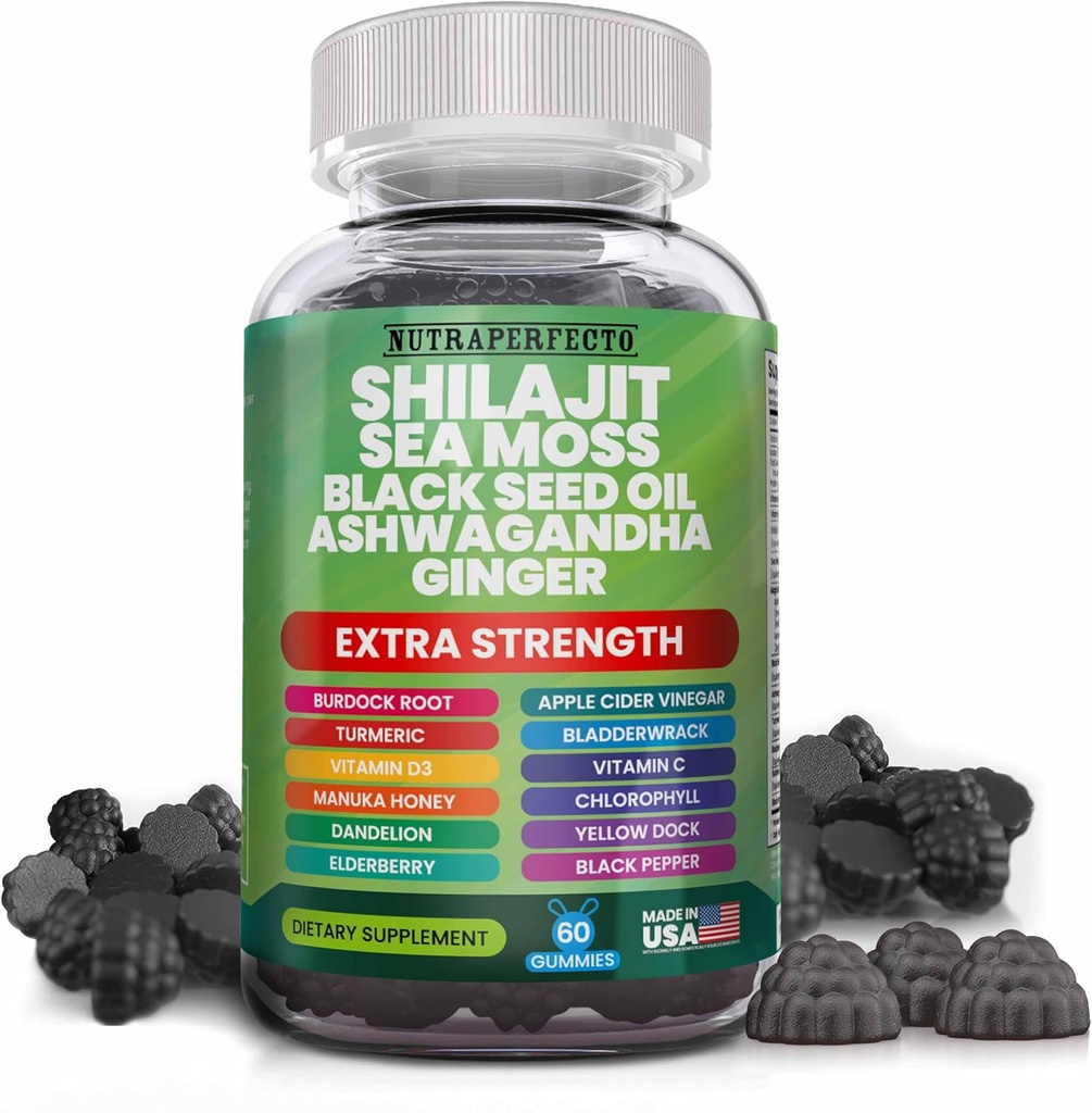 Shilajit Gummies med Irish Sea Moss Black Seed Oil Ashwagandha Ginger Elderberry Vitamin D3 Chlorophyll Gurkemeje Bladerwrack Avanceret styrke Formel Resin Shilajit for mænd og kvinder