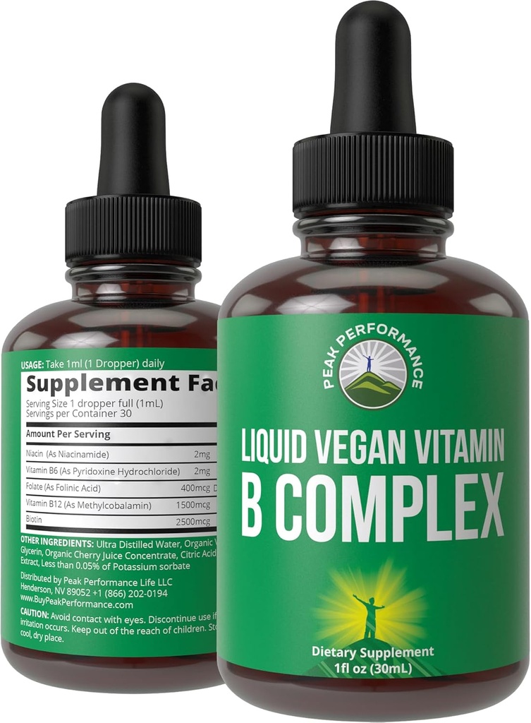 B Complex Liquid Drops Vegan Supplement. Bedste 5 B vitaminer med B3 Niacin, B6, B7 Biotin, B9 Folat, Methylcobalamin B12. B- kompleks til hår, hudnegle, energi. For voksne, Mænd, Kvinder