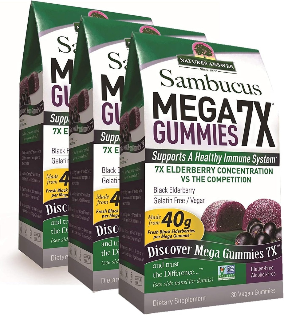 Nature 's Svar Sambucus Mega Gummies against 124; 7X Mere Elderberry koncentrering against 124; Alkohol- fri, Gluten- fri, Gelatin- fri, Vegan, Non- GMO & ingen konserveringsmidler