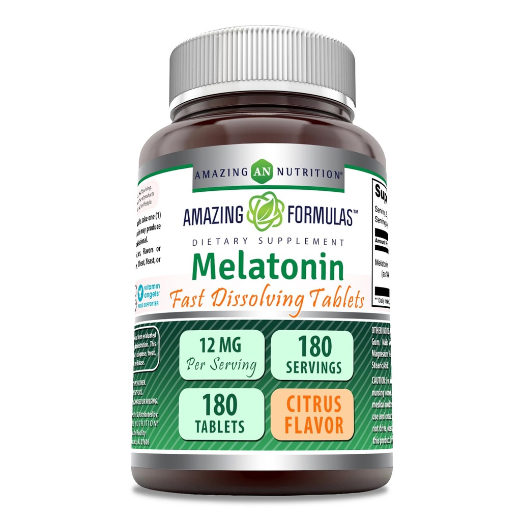 Amazing Formulas Melatonin 12 Mg | Tablets Supplement | Non-GMO | Gluten-Free | Made in USA (180 Tablets, Citrus)