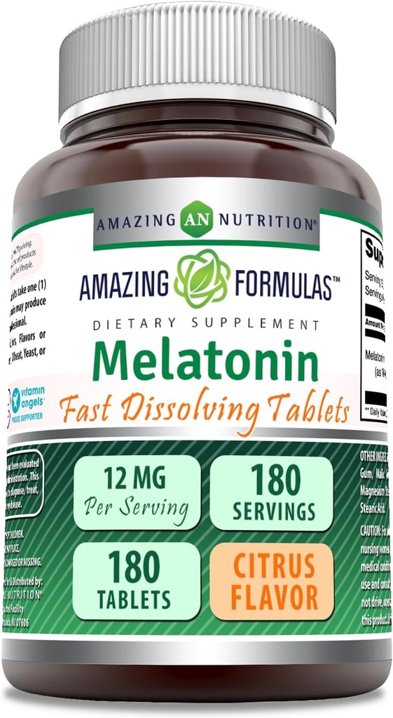 Amazing Formulas Melatonin Fast Opløsning Supplement124; Citrus Flavor • 124; 12 Mg Per Serving • 124; 180 tabletter • 124; Non- GMO • 124; Gluten- fri • 124; Fremstillet i USA