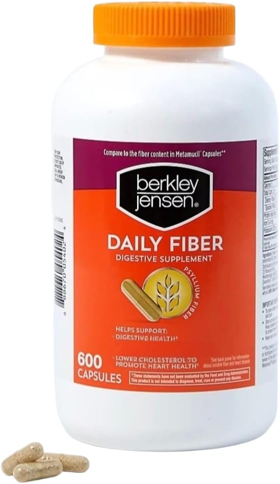 Berkley Jensen Daily Psyllium Husk Supplement (600 - Greve), Natural Fiber for Mænd & Kvinder - Fiber Kapsler for Samlet fordøjelse, Letning Forstoppelse, Hjælpe Nutrient Absorption, Made in USA