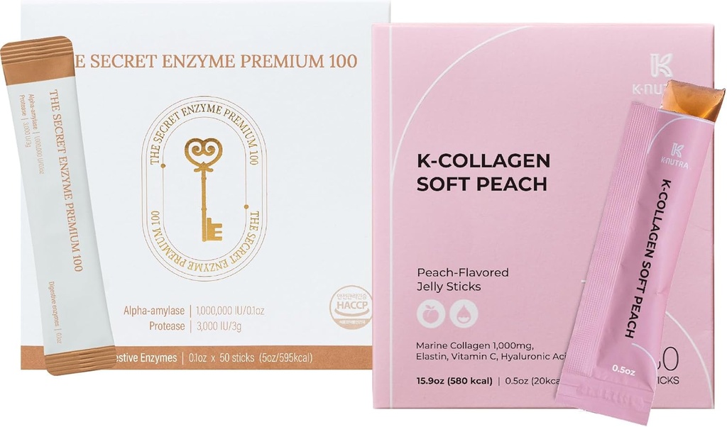 The Secret Enzyme Premium 100 (50 sticks) & K- Collagen Soft Peach Collagen Jelly (30 sticks) for fordøjelsessygdomme, hud sundhed