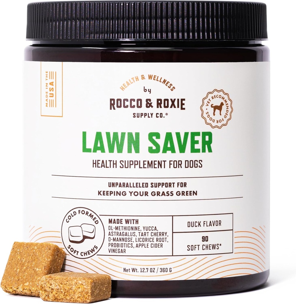 Rocco & Roxie Hund Urin Neutralizer til græsplæne, Green Grass Savers til Hund Urin Pee Spots, UTI Health & Brege Control Supplement med D-Mannose, Apple Cider Vinciale & DL- Methionin, 90ct Soft Chews