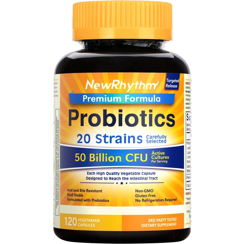NewRhythm Probiotika 50 Millioner CFU 20 Strops, 120 Veggie Kapsler, Målsætning Release Technology, Mavesyre resistent, Ingen behov for køling, Pack af 1, Non- GMO, Gluten Free