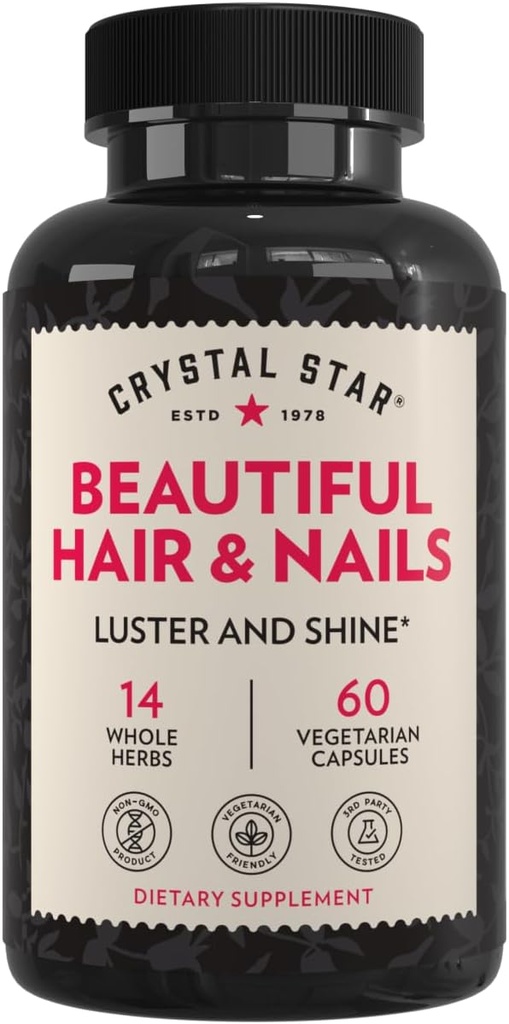 Crystal Star Beautiful Hair & Nail Supplement (60 Capsules) – Herbal Supplement Supports Thicker Stronger Hair & Nails – Horsetail, Nettle & Alfalfa – Non-GMO