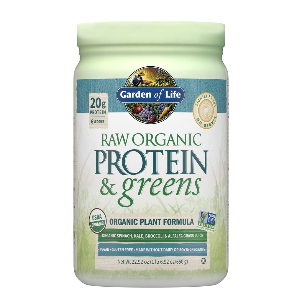 Have of Life Raw Organic Protein & Greens Light Sweet, Vegansk Protein Powder for kvinder og mænd, Plant og Pea Protein, Grønne, Probiotika, Gluten Free Low Carb Shake Made without Dairy 20 Servere