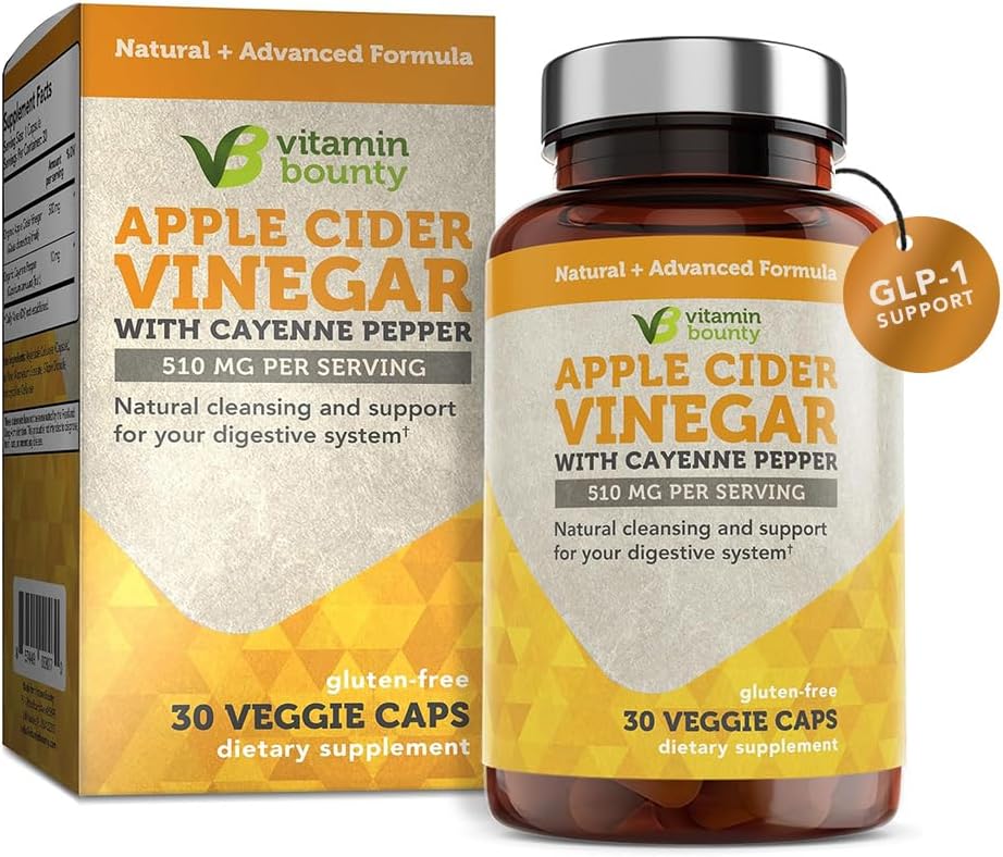 Vitamin Bounty Apple Cider Vincipe Kapsler - ACV med moderen + GLP-1 Support - Detox, Bloating Relief & Appetite Suppressant - Non- GMO, Vegan, 60 Kapsler