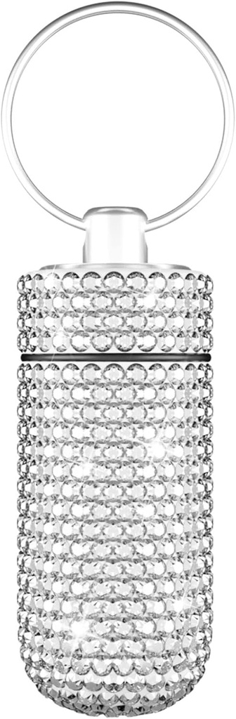 Yuchew Bling Pill Case Pill Container Rhinestone Pill Box Portable Vandtæt Pocket Pill Holder opbevaring flaske med Keychain til rejser, Udendørs, Camping (Sølv)
