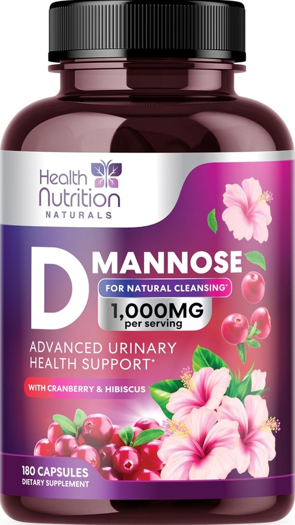 D- Mannose Supplement 1.350mg - med Cranberry, Hibiscus & Mælkebøtte - Fast- Fungerende, Natural Urinary Tract & Brege Support til kvinder & Mænd - Flush & Cleanse Urenheder - Non-GMO, Vegan - 180 Kapsler