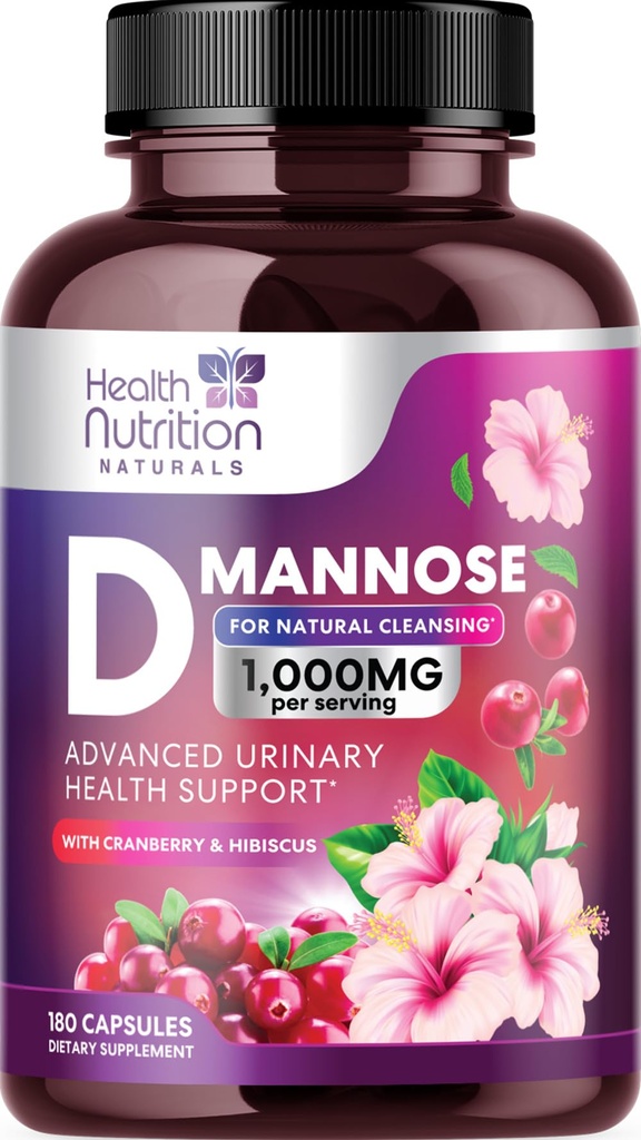 D- Mannose Supplement 1.350mg - med Cranberry, Hibiscus & Mælkebøtte - Fast- Fungerende, Natural Urinary Tract & Brege Support til kvinder & Mænd - Flush & Cleanse Urenheder - Non-GMO, Vegan - 180 Kapsler