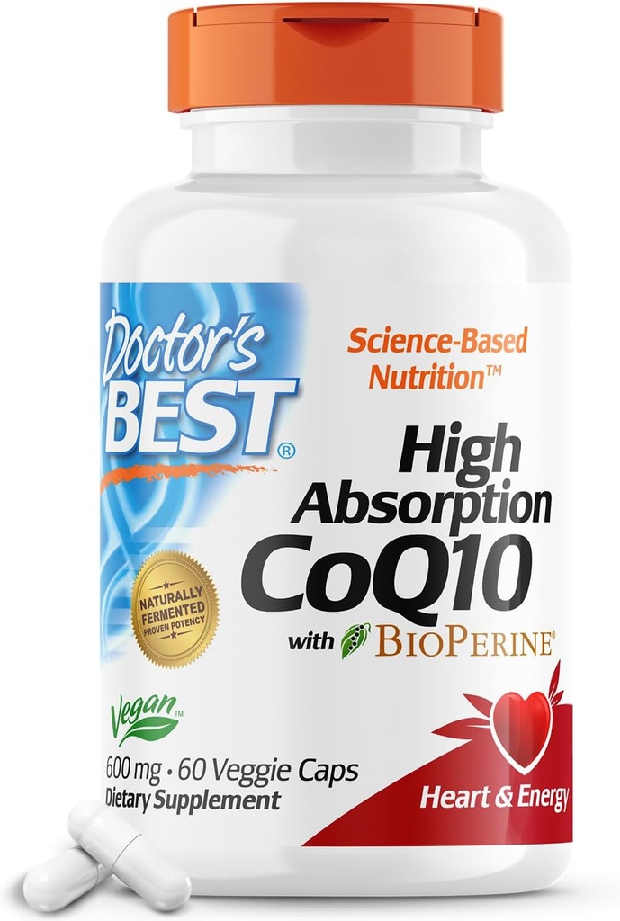 Doctor 's Best High Absorption CoQ10 med BioPerine, Heart Health & Energy Production, naturligt gæret, Non- GMO, Vegan, Gluten Free, 600 mg, 60 Veggie Caps